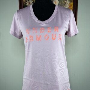 Under Armour Heat Gear Shortsleeve Shirt Top Women XS V-neck Purple Orange Logo
